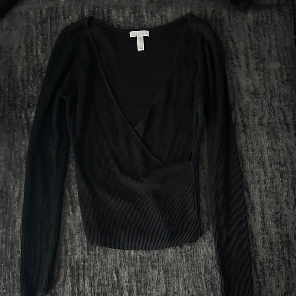 Leith Black Ribbed Wrap Blouse